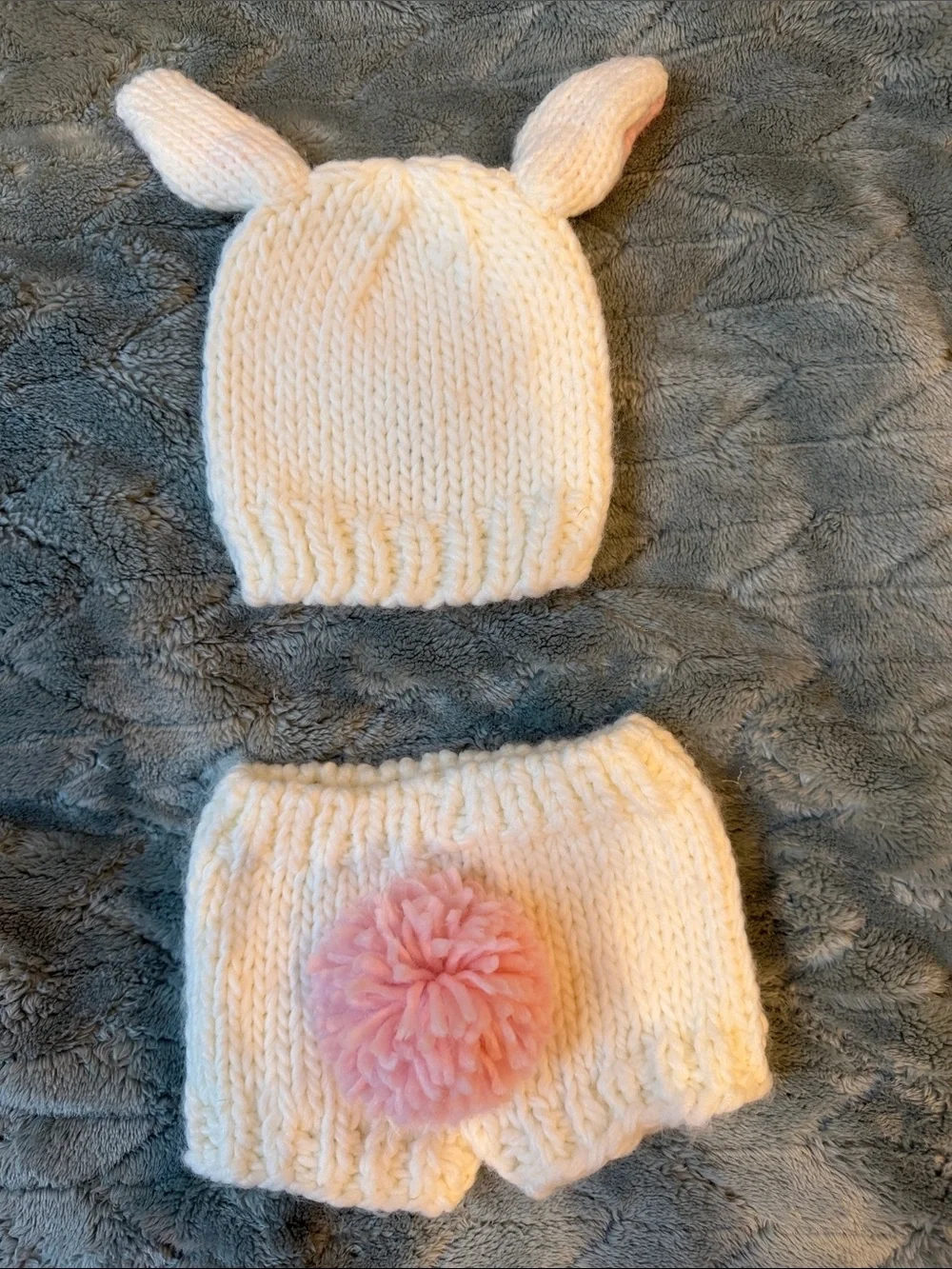 Cozy Bunny Ear Knit Hat & Shorts Set - White with Pink Ear Lining